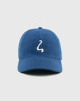 Blue cap with a white logo on a light gray background