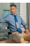 Lesovs Blue and Gray Block Tie Sitting Down