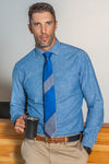 Lesvos Blue and Gray Stripe Silk Tie with man holding mug