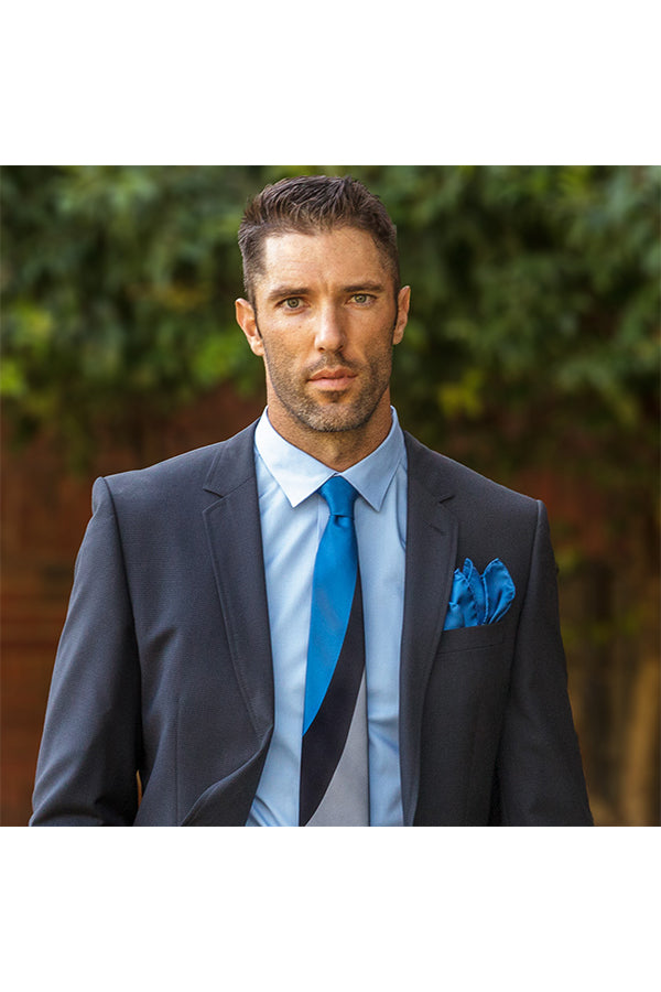 Man in Blue Black Gray Silk Swoop Lesovs Tie Up Close